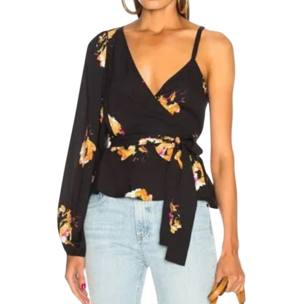 ALC Mickalene 100% Silk Wrap Top Black Floral Print One Sleeve Size 12 Peplum